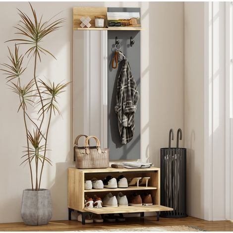 Ensemble porte-manteau d'entree en MDF decor bois naturel avec 3 crochets, panneau mural 60 x 13,5 x 127,5 cm, banc 68 x 35 x 43 cm (1/5)