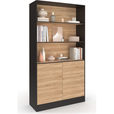 Idmarket – Bibliothèque CARLA 3 niveaux – 1 placard noir – Dimensions 100 x 30 x 190 cm – Panneaux de particules – Design moderne (1/5)
