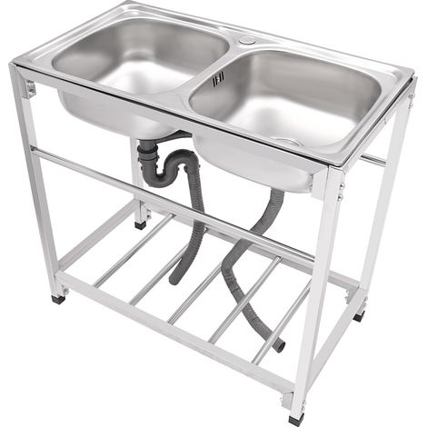 Fregadero utilitario exterior de doble cubeta en acero inoxidable, fregadero de cocina comercial autónomo, adecuado para lavaderos, garajes y cafeterías. Dimensiones: 83 cm x 44 cm x 77 cm. (1/5)