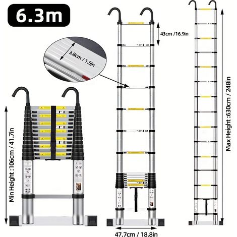Échelle Télescopique Inox – Pliable, Antidérapante. Verrou Sécurité. Modèle (6.3m). (1/5)
