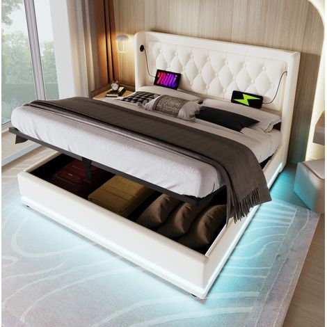 Lit coffre 160x200 avec USB et LED, PU blanc HAVRYA (1/5)