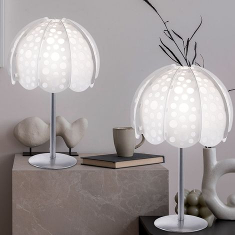 Tischleuchte Modern Nachttischlampe weiß Beistellleuchte Textilschirm, Metall silber, 1x E14 Fassung, DxH 20,5x36 cm, 2er Set