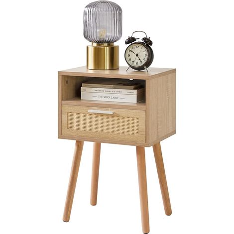 Rattan Bedside Table, with Drawer, Wooden Legs, Natural WNS009N (1/5)
