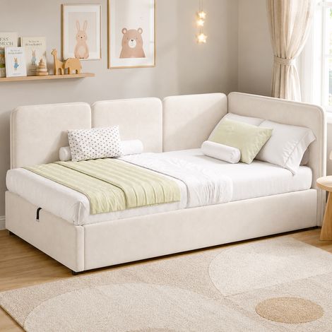Lit banquette 90x200 cm avec coffre hydraulique, côté gauche ou droit interchangeable, velours, beige (1/4)