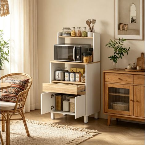 Mikrowellenschrank 60x40x131 cm aus Spanplatten Weiß/Eiche, platzsparend – MEUBLIV (1/5)