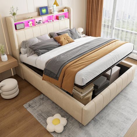 Lit coffre 140x200 cm, lit rembourré, avec LED et prise USB, tête de lit avec étagères, mécanisme de levage hydraulique, lit double, tissu lin beige (1/5)