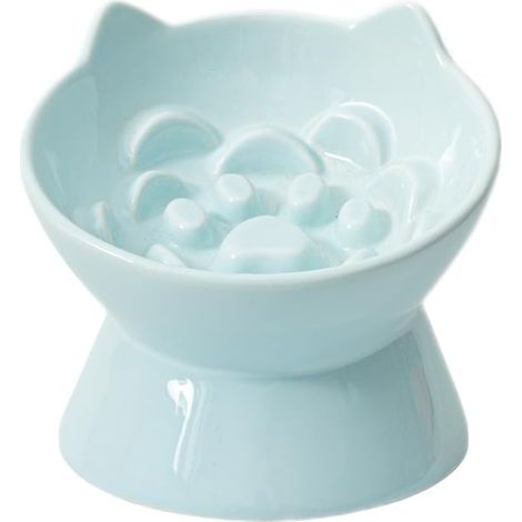 Gamelle céramique anti-glouton pour chat, surélevée, puzzle pour éviter les vomissements, bol en hauteur bleu, chaton (1/5)