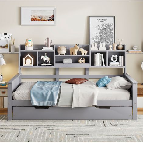 Lit banquette moderne 90x200 cm en bois gris, avec lit gigogne 90x190, rangements intégrés et sommier à lattes (1/5)