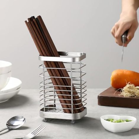 Porte Ustensiles Cuisine - Inox - Panier à Couverts - Acier Inoxydable - Design Contemporain - Noir (1/4)