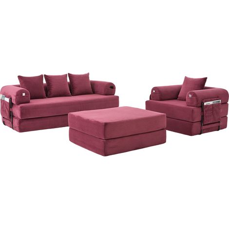 ELVMI Sofá modular 4 plazas con estructura metálica, bolsillo lateral y 3 cojines, en pana, Rojo vino (1/5)