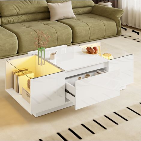 Mesa de centro de aglomerado blanco 105 cm con vidrio templado, LED y 2 cajones (1/5)