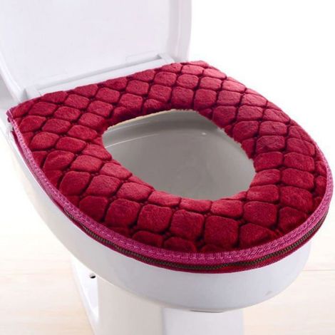 Coussin chauffant pour siège de toilette, coussin doux pour siège de toilette, lavable, avec fermeture éclair, pour l'hiver, rouge (1/5)