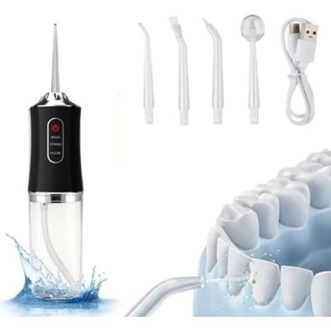 Hydropulseur dentaire sans fil – Noir – 21x5,8 cm – 3 modes – 4 buses – Voyage – Soins bucco-dentaires (1/5)