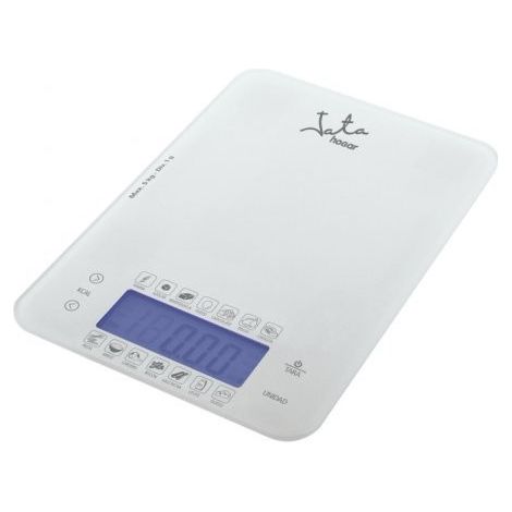 BALANZA COCINA JATA 762 BASE CRISTAL, PULSADOR TACTIL, CALORIAS E HIDRATOS DE CARBONO DE 14 ALIMENTOS, 5KG. (1/2)