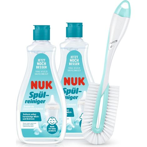 NUK Detergente per biberon e scovolino per biberon  2 x detergente 500ml , 1 x scovolino Twist per bottiglie  Ideale per la pulizia di flacone, tettarelle e altro  Senza profumo (1/4)