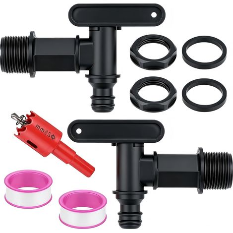 Ortviai Lot de 2 Robinets pour Récupérateur d'Eau de Pluie 3/4" (25,4mm) - Kit de Connexion avec Clé-Scie Cloche 25mm, Écrous, Joints et Ruban Téflon pour Cuve et Citerne Jardin