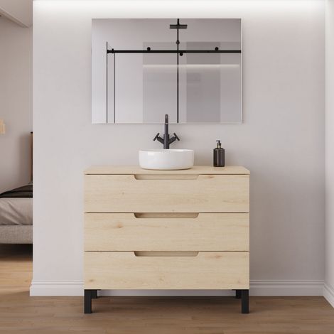 Meuble de salle de bain 90cm avec plateau et vasque à poser ronde - 3 tiroirs - roble calima (bois clair) - RIZA (1/5)
