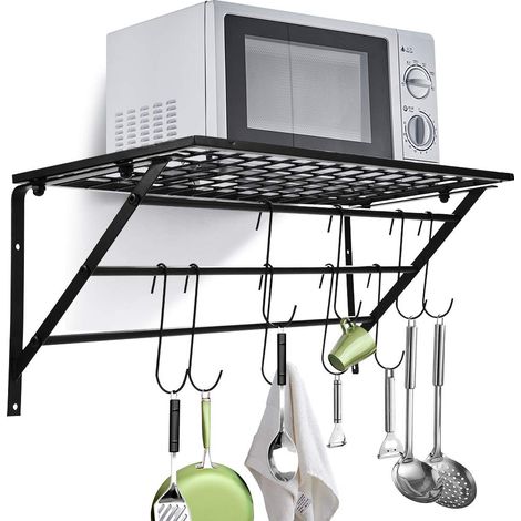 Ej.Life Küchenregal Hängend Küchenablage Pfannenhalter Wand Organizer von Kochutensilien Gewürzregal mit 10 Abnehmbaren Haken, 62  25  25.5 cm Wandhalterungen für Flure,Küchen,Badezimmer usw (1/5)