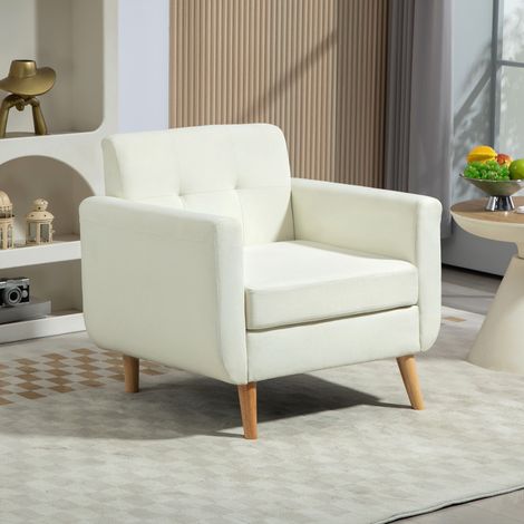 Butaca para Dormitorio con Reposabrazos y Patas de Madera Sofá Individual Carga 125 kg Crema (1/5)