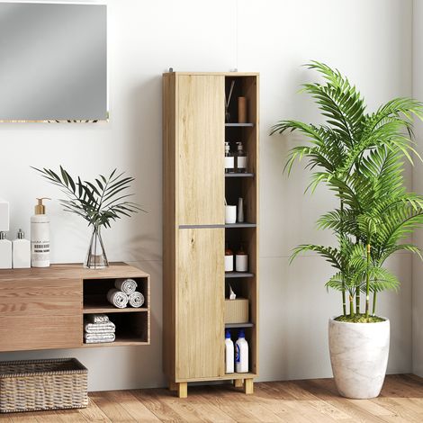 Badezimmerschrank mit Säulenfunktion, Badezimmerschrank mit 6 offenen Fächern und 2 Schränken, Naturholz