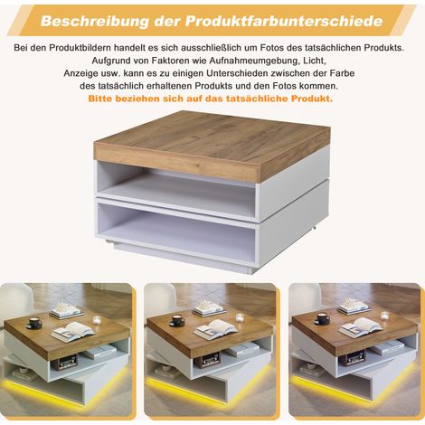 Table basse carrée 65x65x40cm, pivotante 360° avec éclairage LED et étagère de rangement, table de salon en blanc et bois, idéale pour petits espaces, table d'appoint pour canapé (1/5)
