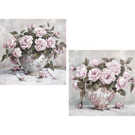 Tableau sur toile Vase avec fleurs peint à la main en rose et vert 40 x 3,5 x 40 cm