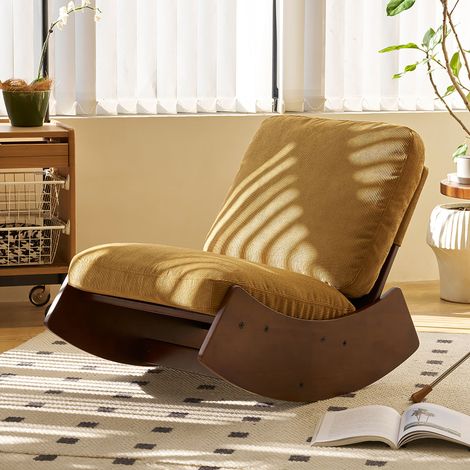 Fauteuil à bascule 62x90x72 cm en velours côtelé ocre et bois marron (1/5)