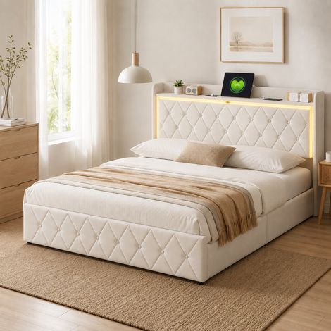 Lit coffre 160x200 cm avec sommier, velours beige, LED & USB, rangement hydraulique, style luxueux