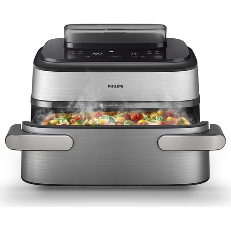 Philips Airfryer Serie 5000 con Maxi Capacità e Funzione Vapore – SteamFry, Vapore e Frittura ad Aria – 28 Programmi di Cottura, Doppio Scomparto 3L+6L, RapidAir Plus, SteamClean (NA565/00)