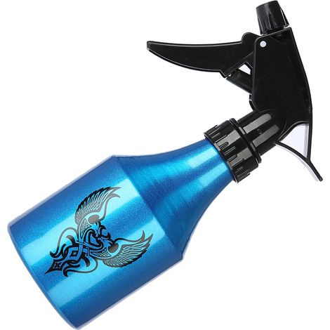 Flacon pulvérisateur professionnel en aluminium pour tatouage, nettoyage et rinçage, teinte bleu, format 250ml, usage encrage et soin. (1/5)