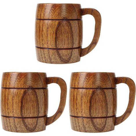 Lot de 3 gobelets en bois naturel de style classique de 400 ml, chopes à bière en bois, cadeaux originaux et écologiques pour les fêtes (1/5)
