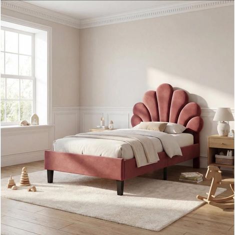 Bett Kinder 90x200 cm, Einzelbett 90x200 cm aus Samt mit einer Rückenlehne in Form eines Blütenblattes, Bettgestell, Lattenrost, 15 cm Füße, Bordeaux