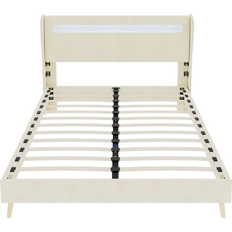 Lit rembourré moderne minimaliste avec tête de lit LED, 160x200 cm, beige, sommier bas sans rangement, matelas inclus – chambre à coucher (1/4)