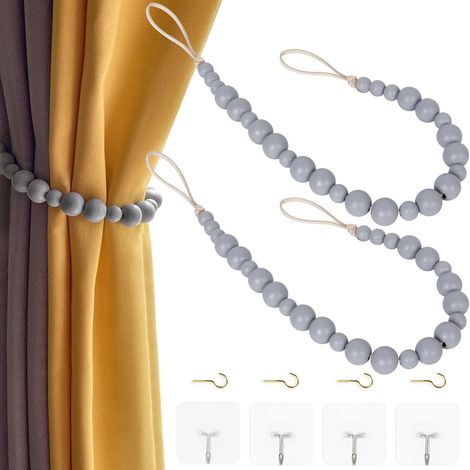 2 Pièces Embrasse Rideau,Cordon Perle Bois,Crochet Métal,Décoration Bohème,Salon Chambre