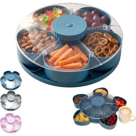 Plateau Tournant Compartimenté avec Couvercle – Plat de Service Rotatif 5 Sections pour Apéritifs, Légumes, Fruits et Sauces, Socle Antidérapant pour Fêtes, Voyages et Pique-Nique (Bleu) (1/5)