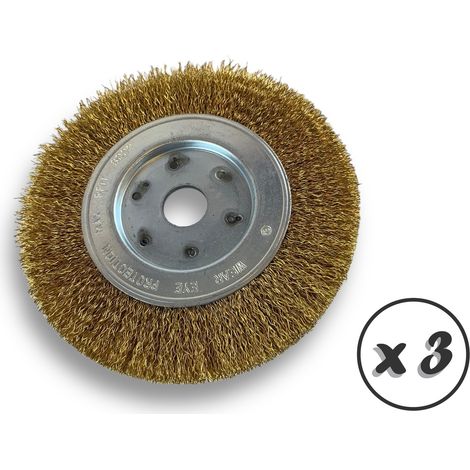 Lot de 3 brosses circulaires LAITON Ø 150 mm Epaisseur 1 rang Fil dur 0.30 mm ondulé Alésage 20 mm + réducteur bague 16/12 mm Touret meuleuse affûteuse ponceuse Kibros 215151LTx3