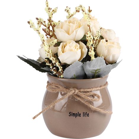 Vase en céramique blanc avec rose artificielle en soie, pot décoratif pour maison, ornement de bureau (1/5)