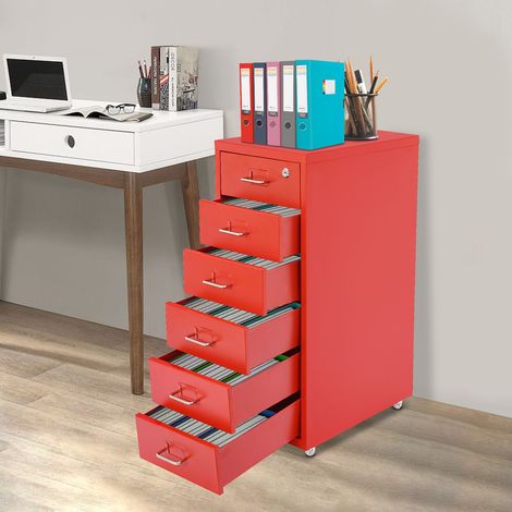 Classeur à 6 tiroirs avec serrure, classeurs métalliques pour bureau à domicile, classeur vertical, classeur à roulettes - Assemblage requis (Rouge) (1/5)