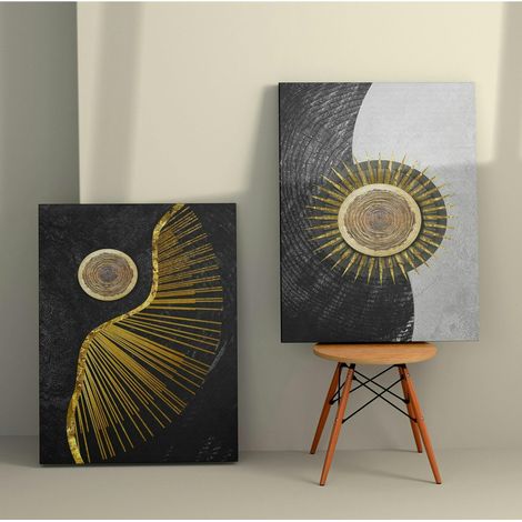 Tableau abstrait soleil or – fond noir et argent (set de 2) (1/3)