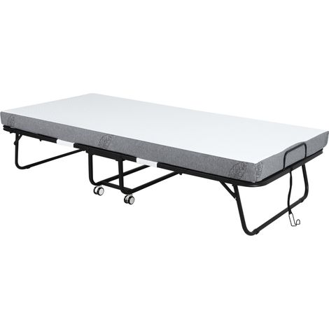 Cama Plegable 200x90 cm con 4 Ruedas, Cama de Camping Portátil, con Colchón Individual de 10 cm, Marco de Acero, Carga 150 kg, para Dormitorio, Salón, Oficina, Blanco (1/5)