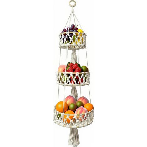 Corbeille à fruits bohème tissée à la main à 3 étages en coton - Panier suspendu pour fruits et légumes - Décoration de cuisine - Blanc crème (1/5)