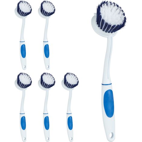 Relaxdays Dishwashing Brush, Set of 6, Medium-Hard Bristles, Rubber Handle, Plastic Kitchen Scrubber, Hang, White/Blue