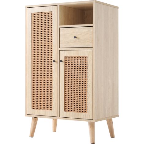 Buffet en aspect bois, 2 portes en rotin, 1 tiroir, meuble d'angle, commode, armoire de rangement avec grand espace de stockage, 60x40x101 cm (1/5)