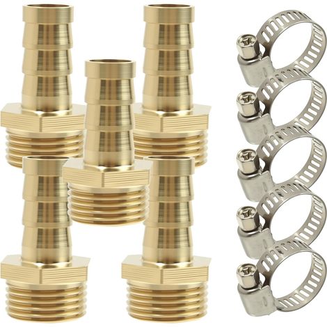 Set di 5 raccordi a innesto rapido da 3/8" BSP maschio x 10 mm con 5 fascette stringitubo, raccordi a compressione per tubi in ottone (1/5)