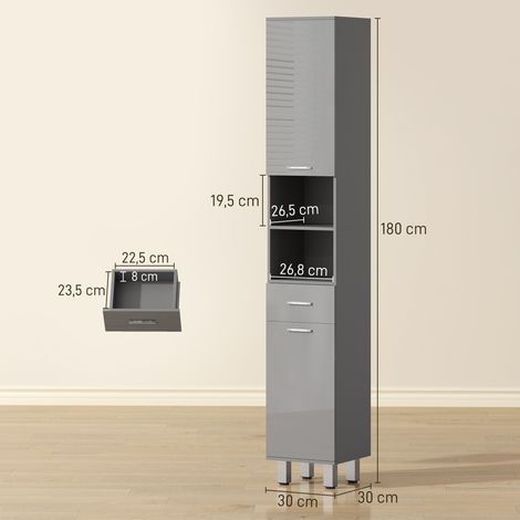 Meuble de salle de bain, commode de salle de bain, avec étagères et tiroir, réglable, gris (1/5)