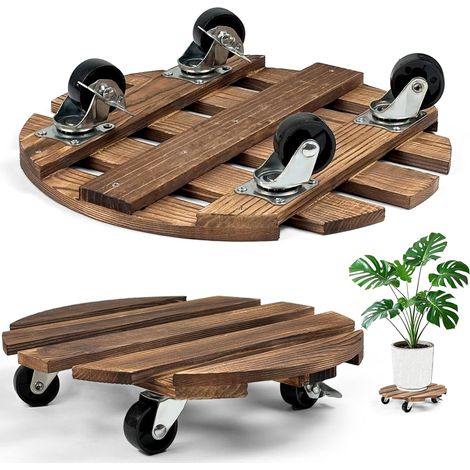 APEX Lot de 2 supports à plantes en bois à roulettes, support rond de 30 cm, robuste et mobile. (1/5)