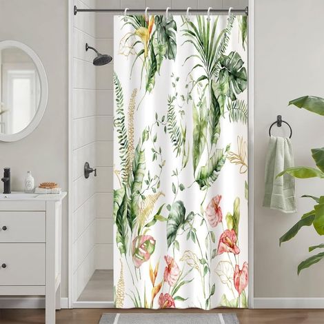 Rideau Douche Anti Moisissure, Rideau Douche Petit 90x180cm Tropical Vert Feuilles de Palmier Jungle Fleur Rose Rideaux de Baignoire (1/5)