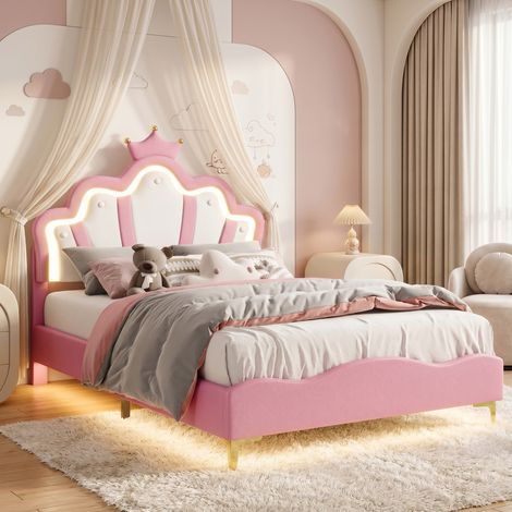 Lit fille 140x190 cm - Lit rembourré double - Tête de Lit Couronne Princesse - Lit Enfant avec LED - Sommier à Lattes- PU - Rose