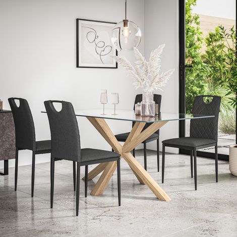 Etta Glass Dining Table And Chairs - Glass Top w Solid Oak Legs + Monza Fabric Dining Chair Set Of 4 (Charcoal) (1/5)