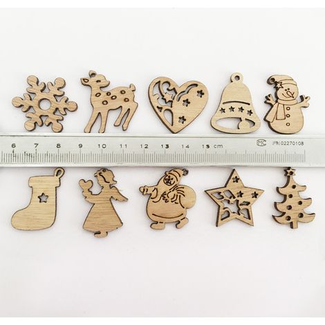 100 décorations de Noël en bois assorties : mini Père Noël, bonhomme de neige, renne, flocons de neige, pendentifs à suspendre.